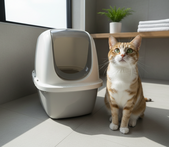 cat beside a litter box