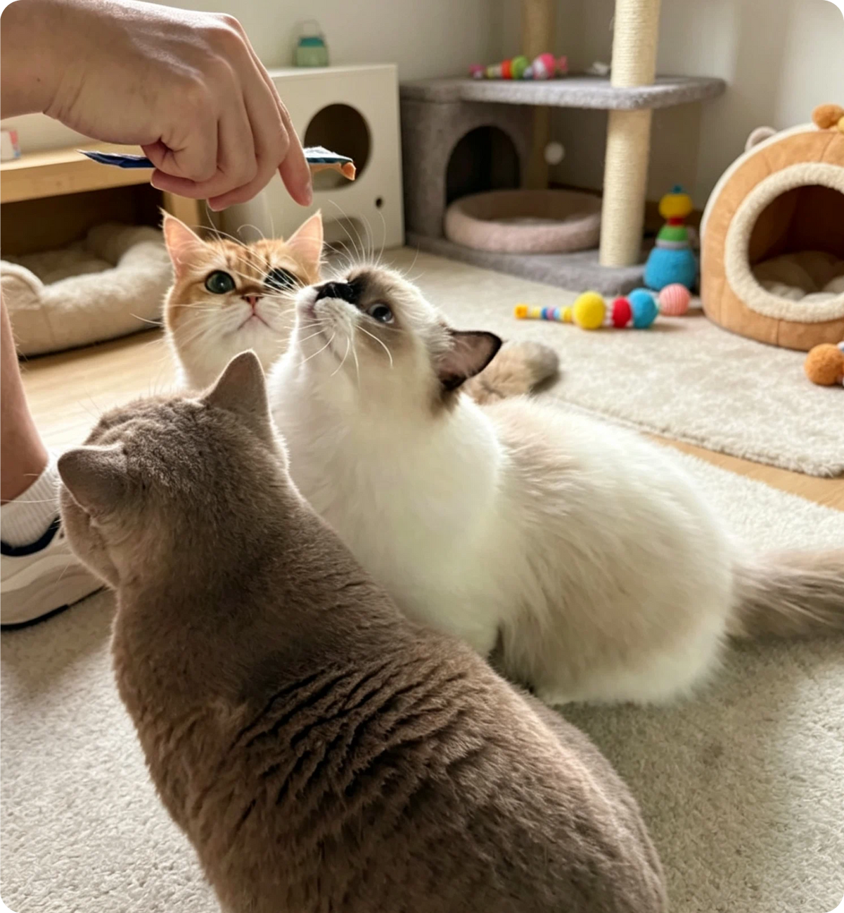 three cats interacting with a person